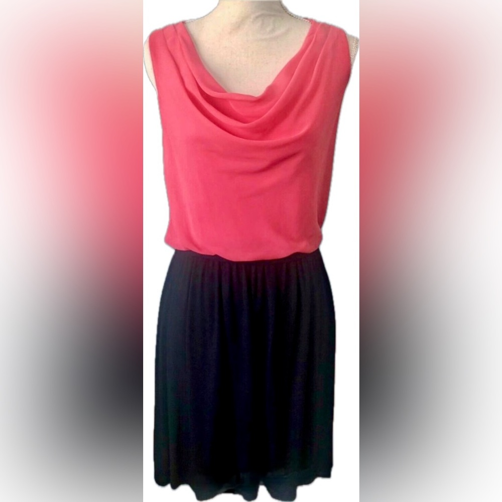 Women's Cowl Neck Coral & Black Blouson Dress